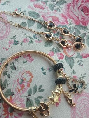 Gold-Tone Black Crystal Heart Charm Bracelets